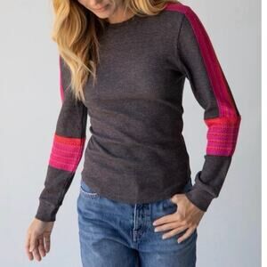NATURAL LIFE Charcoal Ribbed Long Sleeve Top with Pink Accent Stripes